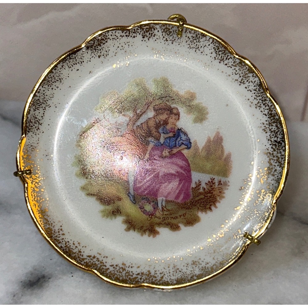 SA Limoges France Miniature Plate Fragonard Courting Couple Gold Scalloped 2.25"